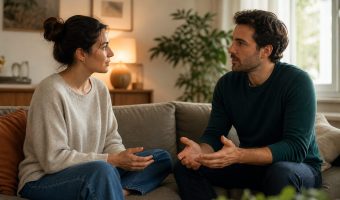 Dos personas adultas completamente vestidas mantienen una conversación tranquila en un sofá