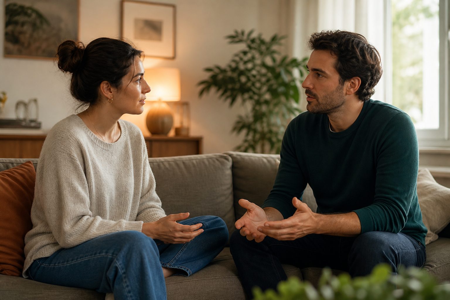 Dos personas adultas completamente vestidas mantienen una conversación tranquila en un sofá
